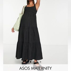 ASOS Design Maternity shirred maxi sundress with tiers in black. SIZE 14